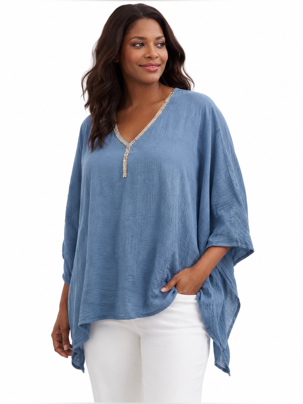 JM Collection Blue Double Gauze Poncho Top XL Bohemian Coastal Chic Beaded Tunic